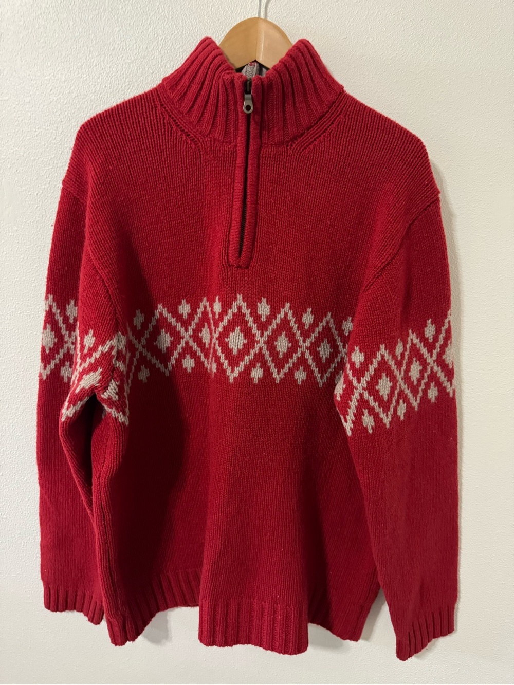 Vintage Y2K Lambswool Fair Isle Chunky Knit 1/4 Zip Sweater Red Gray Ribbed-XL